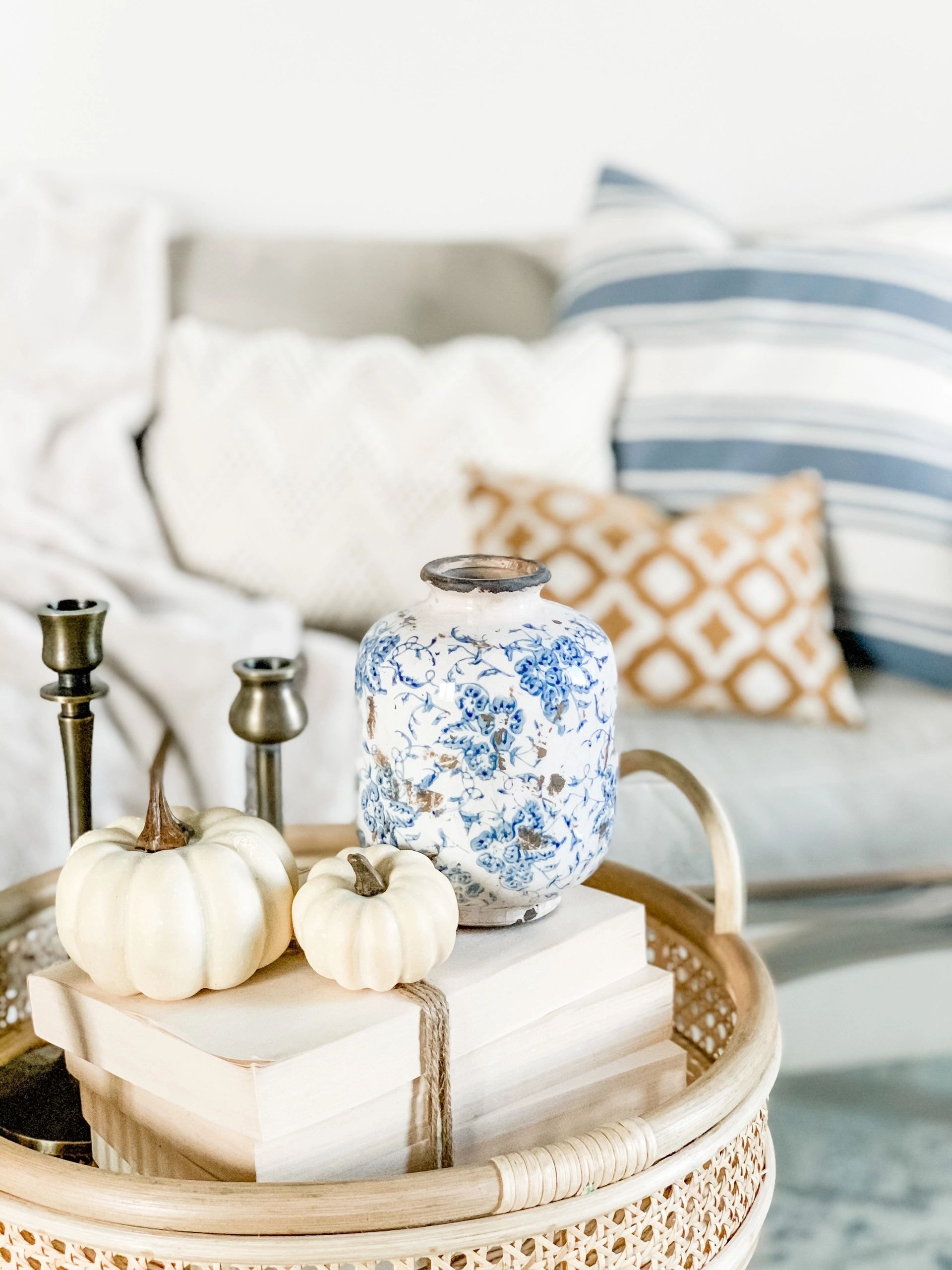 Blue and white vase with seasonal decor